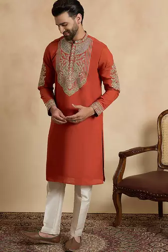 Men's orange silk blend embroidered design solid kurta with trousers trendy festive & wedding wear