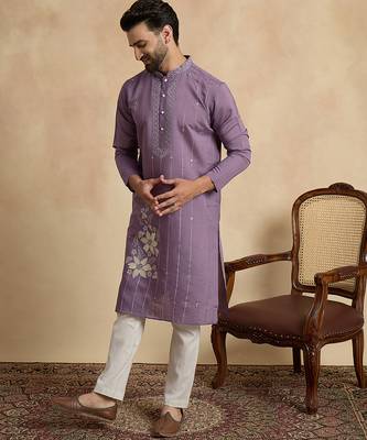Men's lavender viscose rayon embroidered design solid kurta with trousers – trendy festive & wedding wear 5