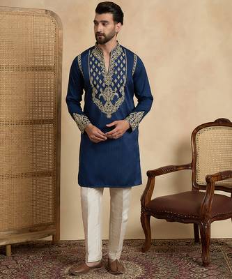 Men's blue silk blend embroidered design solid kurta with trousers – trendy festive & wedding wear 2