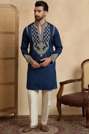 Men's blue silk blend embroidered design solid kurta with trousers trendy festive & wedding wear