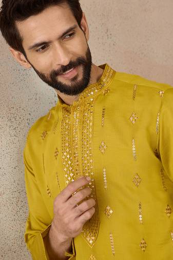 Men's yellow silk blend embroidered design solid kurta with trousers – trendy festive & wedding wear