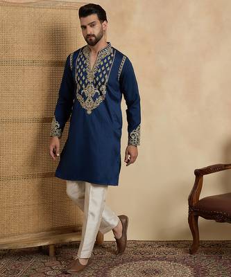 Men's blue silk blend embroidered design solid kurta with trousers – trendy festive & wedding wear 3