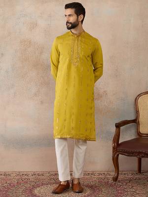 Men's yellow silk blend embroidered design solid kurta with trousers – trendy festive & wedding wear 2