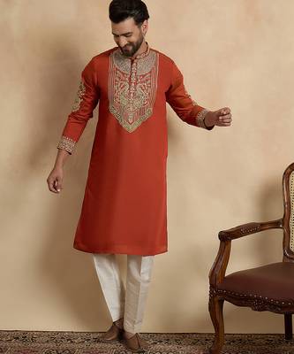 Men's orange silk blend embroidered design solid kurta with trousers – trendy festive & wedding wear 5