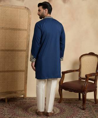 Men's blue silk blend embroidered design solid kurta with trousers – trendy festive & wedding wear 4
