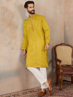 Men's yellow silk blend embroidered design solid kurta with trousers – trendy festive & wedding wear 3