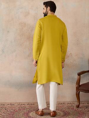 Men's yellow silk blend embroidered design solid kurta with trousers – trendy festive & wedding wear 4