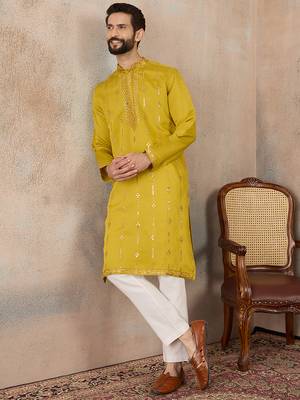 Men's yellow silk blend embroidered design solid kurta with trousers – trendy festive & wedding wear 5