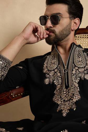 Men's black viscose rayon embroidered design solid kurta with trousers – trendy festive & wedding wear