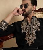 Men's black viscose rayon embroidered design solid kurta with trousers – trendy festive & wedding wear
