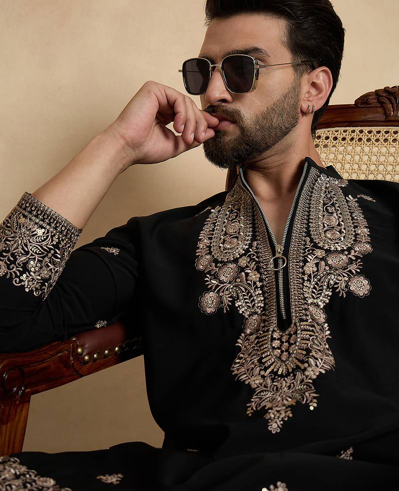 Men's black viscose rayon embroidered design solid kurta with trousers – trendy festive & wedding wear