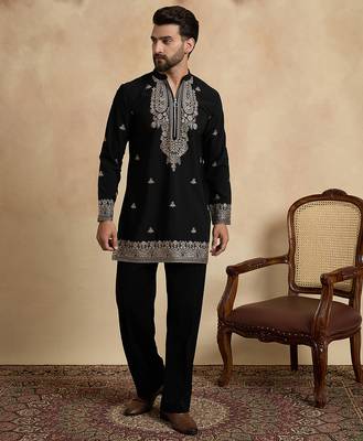 Men's black viscose rayon embroidered design solid kurta with trousers – trendy festive & wedding wear 2