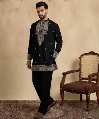 Men's black viscose rayon embroidered design solid kurta with trousers – trendy festive & wedding wear 3