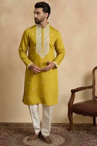Men's yellow viscose rayon embroidered design solid kurta with trousers trendy festive & wedding wear