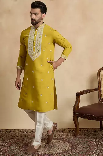 Men's yellow viscose rayon embroidered design solid kurta with trousers trendy festive & wedding wear