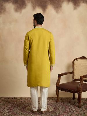 Men's yellow viscose rayon embroidered design solid kurta with trousers – trendy festive & wedding wear 4