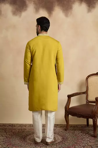 Men's yellow viscose rayon embroidered design solid kurta with trousers trendy festive & wedding wear