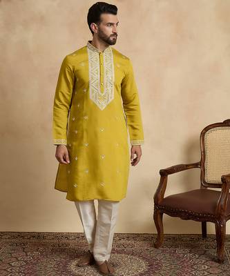 Men's yellow viscose rayon embroidered design solid kurta with trousers – trendy festive & wedding wear 5