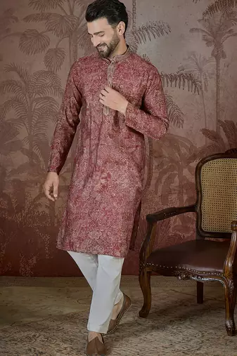 Men's maroon viscose rayon embroidered floral kurta stylish festive ethnic wear