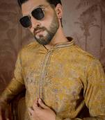 Men's mustard viscose rayon embroidered ethnic motifs kurta – stylish festive ethnic wear