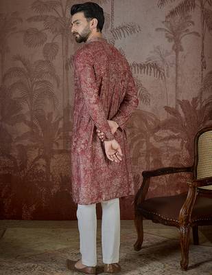 Men's maroon viscose rayon embroidered floral kurta – stylish festive ethnic wear 4
