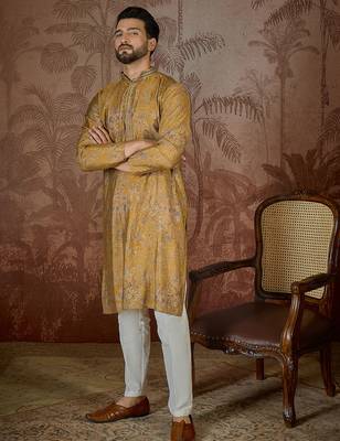 Men's mustard viscose rayon embroidered ethnic motifs kurta – stylish festive ethnic wear 2