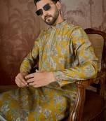 Men's mustard viscose rayon embroidered floral kurta – stylish festive ethnic wear
