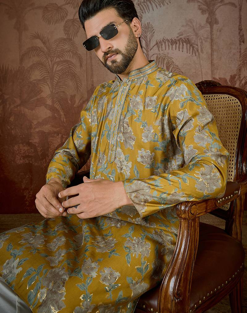 Men's mustard viscose rayon embroidered floral kurta – stylish festive ethnic wear