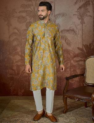 Men's mustard viscose rayon embroidered floral kurta – stylish festive ethnic wear 2