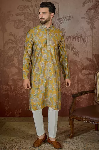 Men's mustard viscose rayon embroidered floral kurta stylish festive ethnic wear