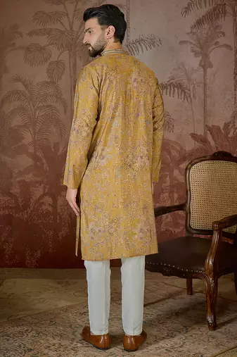 Men's mustard viscose rayon embroidered ethnic motifs kurta stylish festive ethnic wear