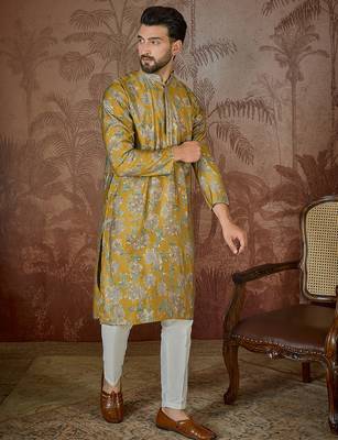 Men's mustard viscose rayon embroidered floral kurta – stylish festive ethnic wear 3