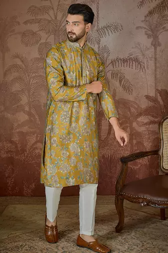 Men's mustard viscose rayon embroidered floral kurta stylish festive ethnic wear