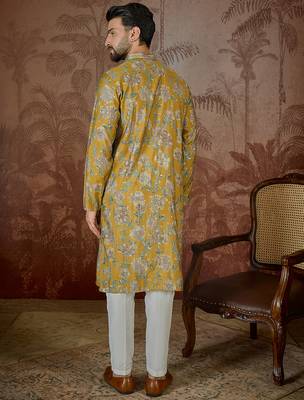 Men's mustard viscose rayon embroidered floral kurta – stylish festive ethnic wear 4