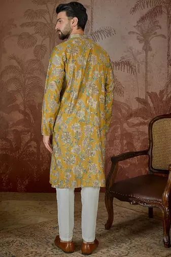 Men's mustard viscose rayon embroidered floral kurta stylish festive ethnic wear