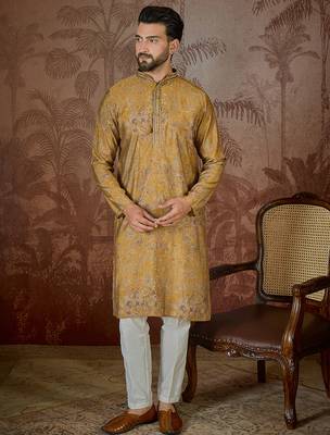 Men's mustard viscose rayon embroidered ethnic motifs kurta – stylish festive ethnic wear 5