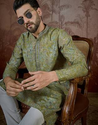 Men's green viscose rayon embroidered ethnic motifs kurta – stylish festive ethnic wear 2