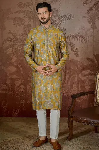 Men's mustard viscose rayon embroidered floral kurta stylish festive ethnic wear