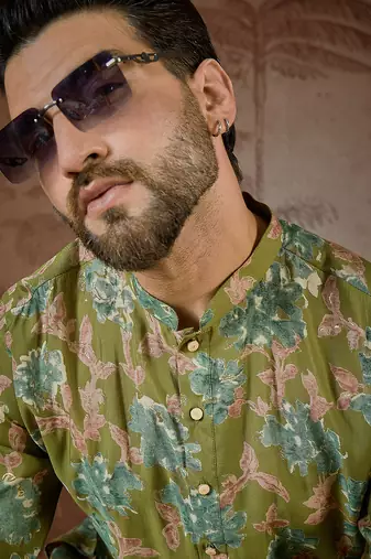 Men's green viscose rayon printed floral kurta stylish festive ethnic wear