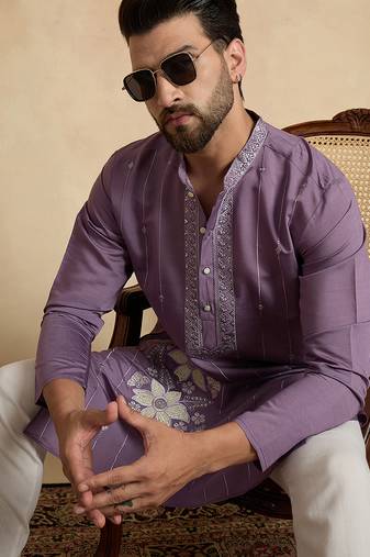 Men's lavender viscose rayon embroidered solid kurta – stylish festive ethnic wear