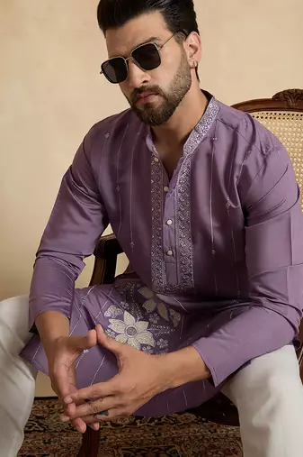 Men's lavender viscose rayon embroidered solid kurta stylish festive ethnic wear