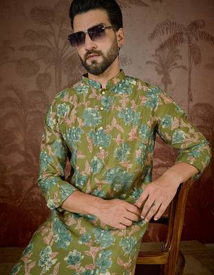 Men's green viscose rayon printed floral kurta – stylish festive ethnic wear 2
