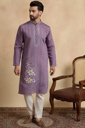 Men's lavender viscose rayon embroidered solid kurta stylish festive ethnic wear