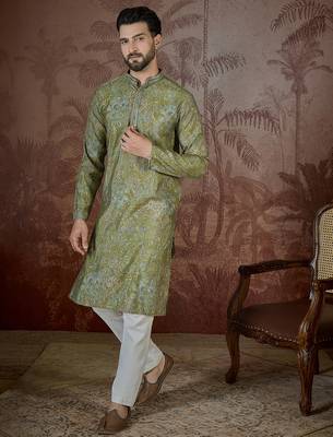 Men's green viscose rayon embroidered ethnic motifs kurta – stylish festive ethnic wear 3