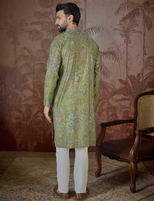 Men's green viscose rayon embroidered ethnic motifs kurta – stylish festive ethnic wear 4