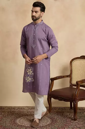 Men's lavender viscose rayon embroidered solid kurta stylish festive ethnic wear
