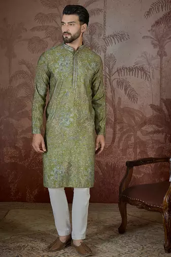Men's green viscose rayon embroidered ethnic motifs kurta stylish festive ethnic wear