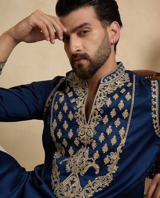 Men's blue silk blend embroidered solid kurta – stylish festive ethnic wear 1
