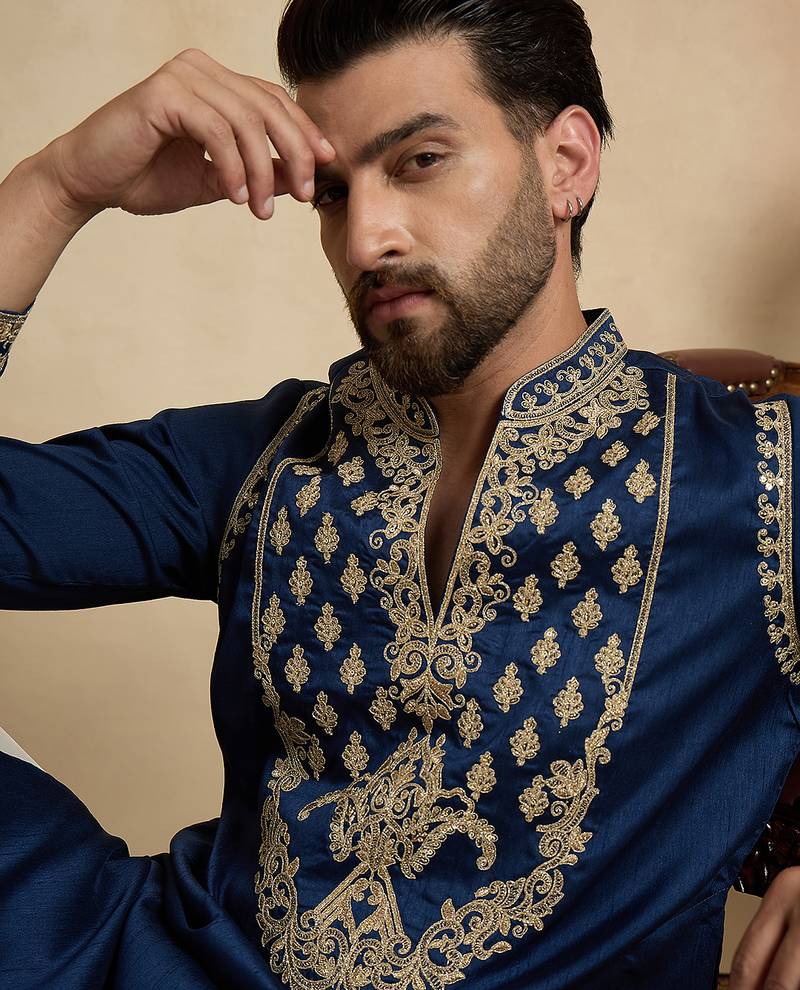 Men's blue silk blend embroidered solid kurta – stylish festive ethnic wear