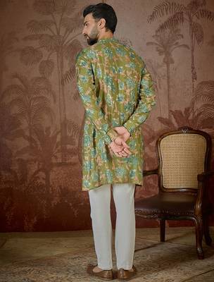 Men's green viscose rayon printed floral kurta – stylish festive ethnic wear 4